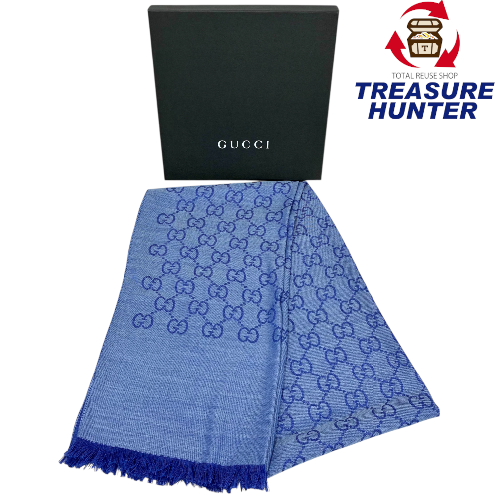 GUCCI GGロゴ シルク混ジャガードストール 165904 ブルー W約45×D180cm