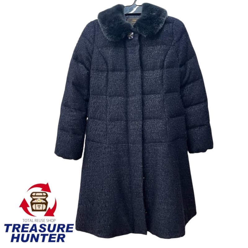 中古 TOCCA トッカ ファー付き ダウンコート ツイード生地 ネイビー Sサイズ 【100044091002】