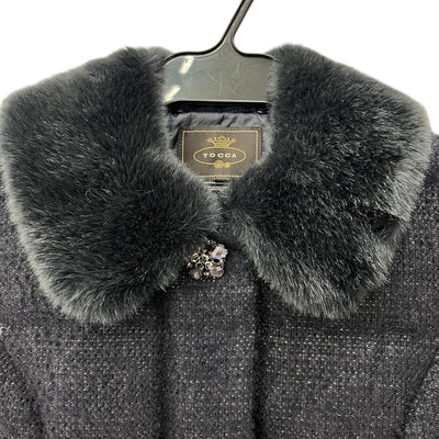 中古 TOCCA トッカ ファー付き ダウンコート ツイード生地 ネイビー Sサイズ 【100044091002】