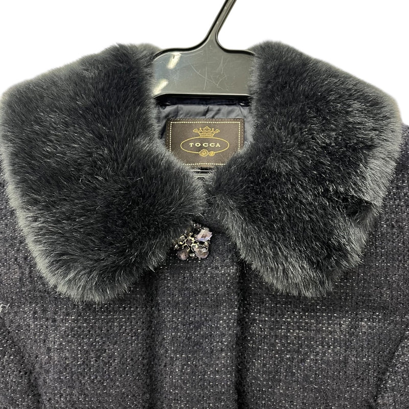中古 TOCCA トッカ ファー付き ダウンコート ツイード生地 ネイビー Sサイズ 【100044091002】