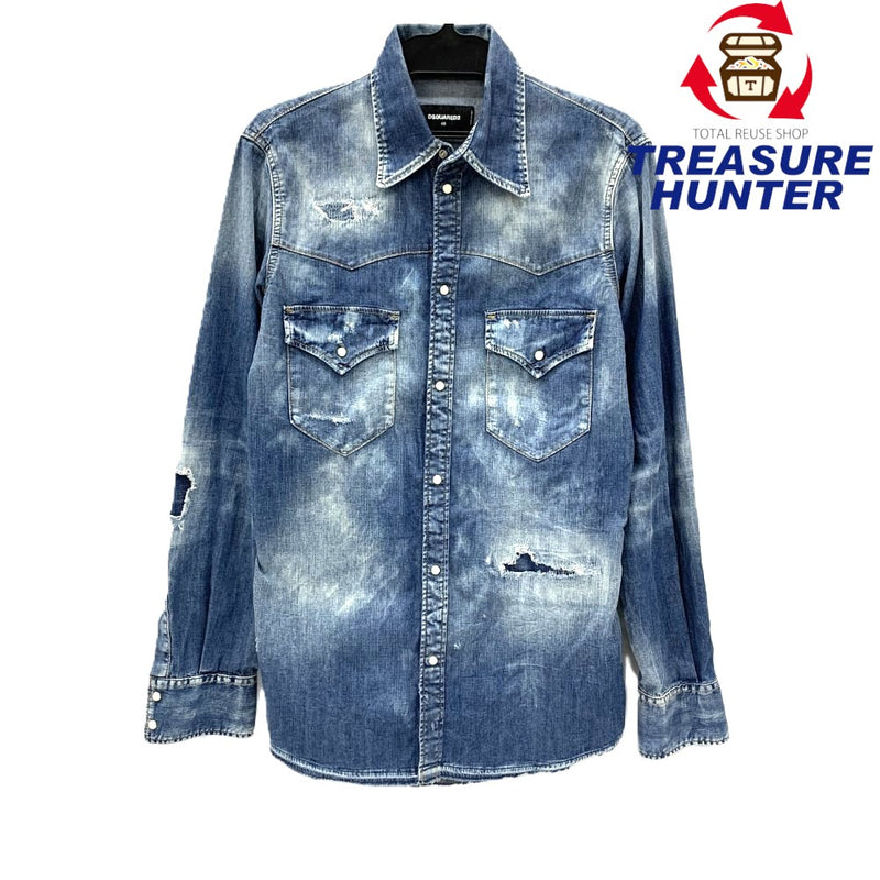DSQUARED(ディースクエアード2) ストレッチデニムシャツ ダメージ加工 サイズ46 M相当 ブルー系 メンズ トップス 【100059775008】