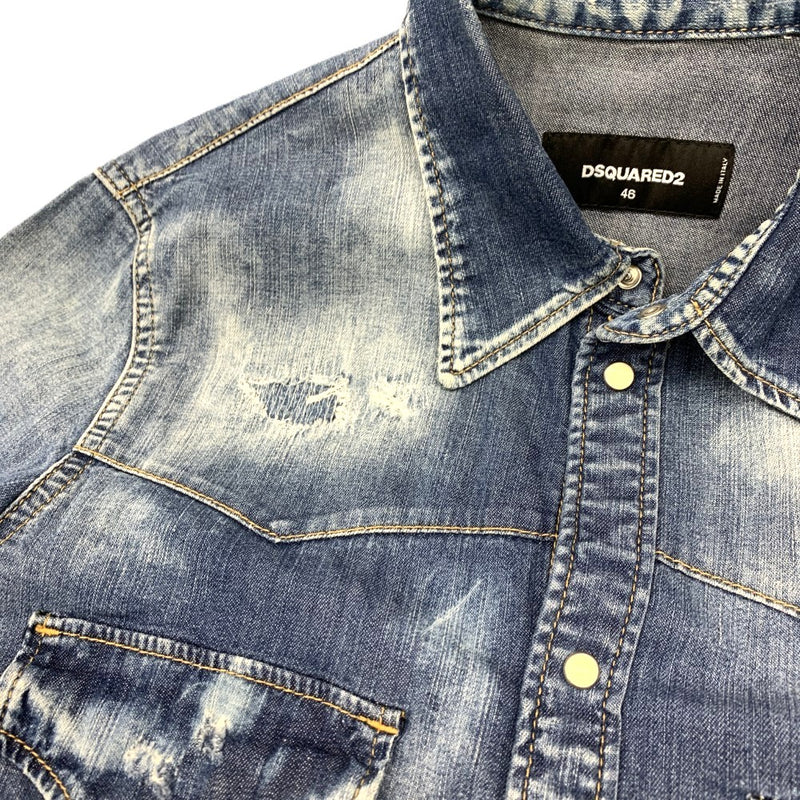 DSQUARED(ディースクエアード2) ストレッチデニムシャツ ダメージ加工 サイズ46 M相当 ブルー系 メンズ トップス 【100059775008】