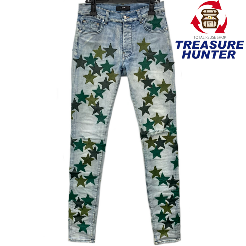 AMIRI×CHEMIST LEATHER STARS JEAN サイズ29(約Sサイズ相当) カーキ グリーン スターパッチ デニムパンツ アミリ×ケミスト 【100061248008】