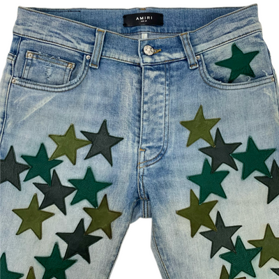 AMIRI×CHEMIST LEATHER STARS JEAN サイズ29(約Sサイズ相当) カーキ グリーン スターパッチ デニムパンツ アミリ×ケミスト 【100061248008】