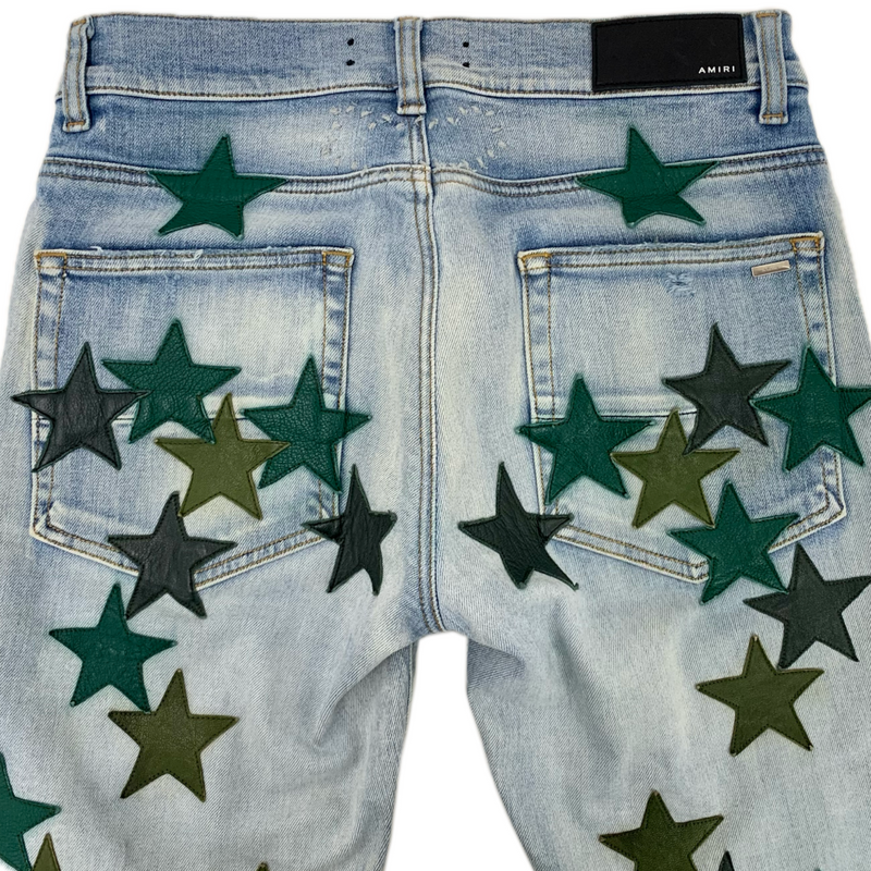 AMIRI×CHEMIST LEATHER STARS JEAN サイズ29(約Sサイズ相当) カーキ グリーン スターパッチ デニムパンツ アミリ×ケミスト 【100061248008】