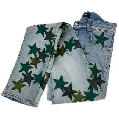 AMIRI×CHEMIST LEATHER STARS JEAN サイズ29(約Sサイズ相当) カーキ グリーン スターパッチ デニムパンツ アミリ×ケミスト 【100061248008】