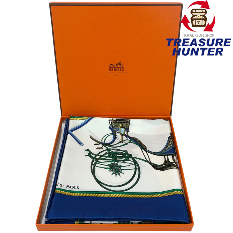 HERMES カレ90 LA PERRIERE ブルー 大判シルクスカーフ エルメス 【102039945006】