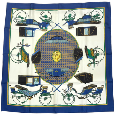 HERMES カレ90 LA PERRIERE ブルー 大判シルクスカーフ エルメス 【102039945006】