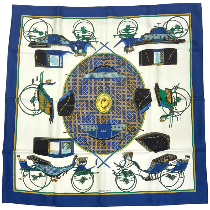 HERMES カレ90 LA PERRIERE ブルー 大判シルクスカーフ エルメス 【102039945006】