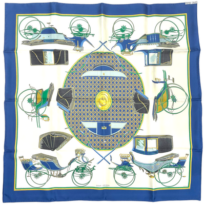 HERMES カレ90 LA PERRIERE ブルー 大判シルクスカーフ エルメス 【102039945006】