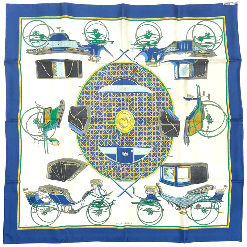HERMES カレ90 LA PERRIERE ブルー 大判シルクスカーフ エルメス 【102039945006】