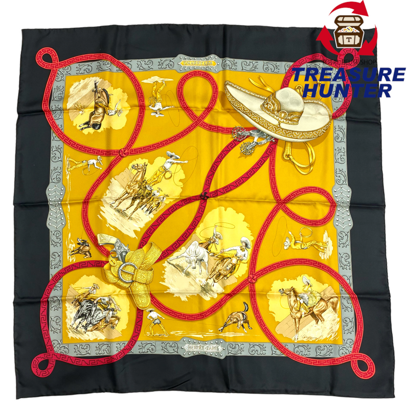 HERMES カレ90 シルクスカーフ  CHARREADA サイズ約88×88cm ブラック×ゴールド エルメス 【102058212007】