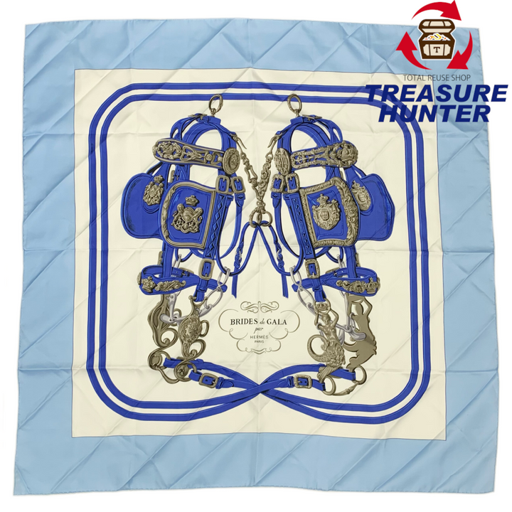 HERMES カレ90 シルクスカーフ BRIDGE de GALA ブルー×ホワイト 約88×88cm 式典用の馬勒 エルメス 【1020 –  【トレジャーハンター】オンラインストア