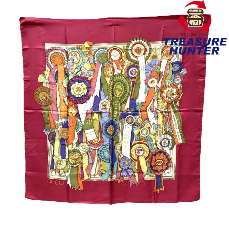 GUCCI(グッチ)　リボン　メダル柄　スカーフ　シルク100％　ワインレッド　マルチカラー 【102058740001】