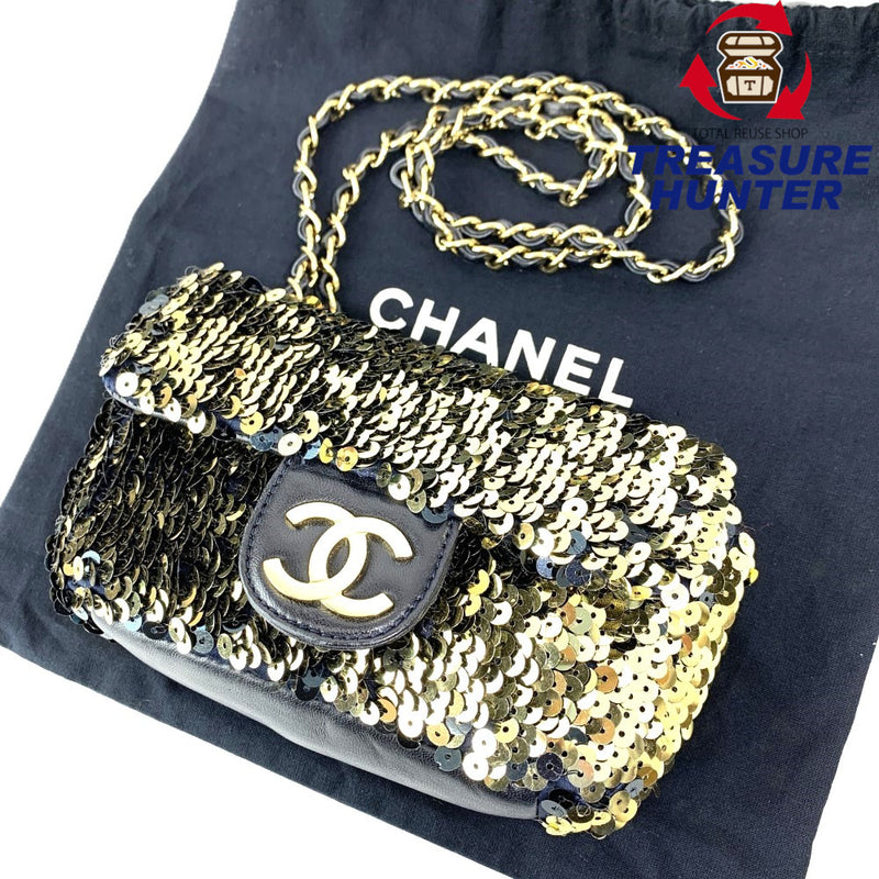 CHANEL(シャネル) スパンコール チェーンショルダーバッグ ゴールドスパンコール×ネイビーレザー レディース バッグ 【102058934001】