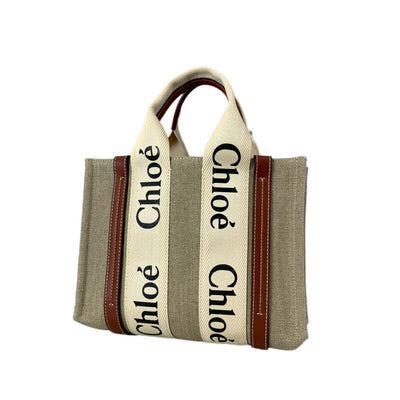 Chloe クロエ WOODY 2WAYスモールトートバッグ CHC22A539712690U リネン×レザー ホワイト×ブラウン レディース バッグ 【102058945005】