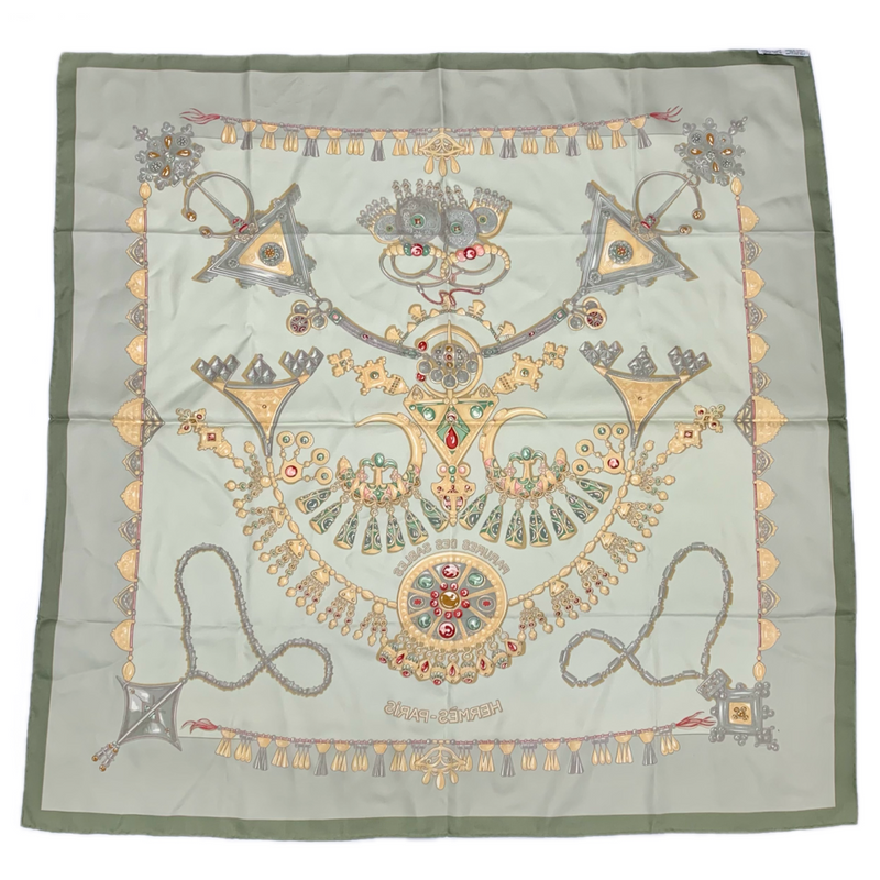 HERMES カレ90 シルクスカーフ PARURES DES SABLES グリーン 約88×88cm 砂漠のアクセサリー エルメス 【102059485007】