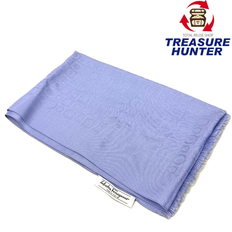 Salvatore Ferragamo ガンチーニ　ストール・マフラー　濃淡ガンチーニ柄　シルク×ウール　ライトブルー　フェラガモ 【102060265001】