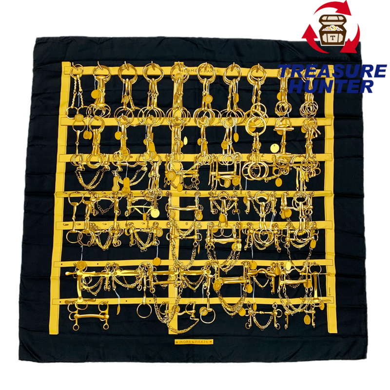 HERMES カレ90 シルクスカーフ MORS&FILETS ブラック×ゴールド 約88×88cm 馬具と馬具掛け エルメス 【102060727007】