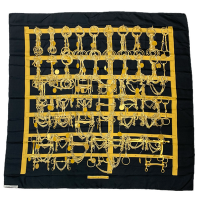 HERMES カレ90 シルクスカーフ MORS&FILETS ブラック×ゴールド 約88×88cm 馬具と馬具掛け エルメス 【102060727007】