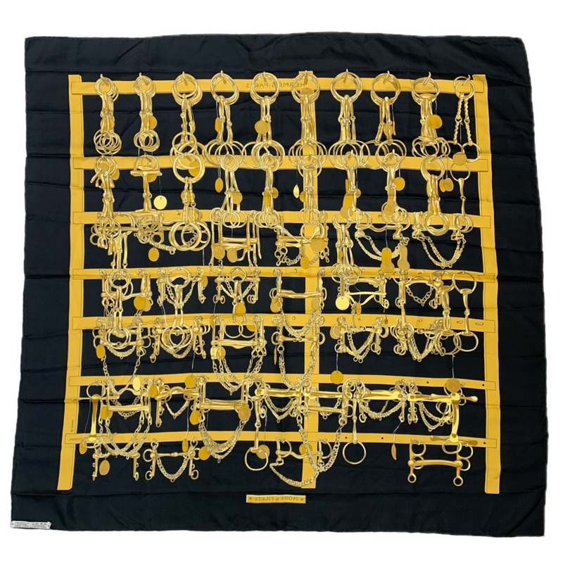 HERMES カレ90 シルクスカーフ MORS&FILETS ブラック×ゴールド 約88×88cm 馬具と馬具掛け エルメス 【102060727007】