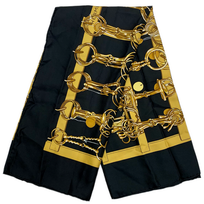 HERMES カレ90 シルクスカーフ MORS&FILETS ブラック×ゴールド 約88×88cm 馬具と馬具掛け エルメス 【102060727007】