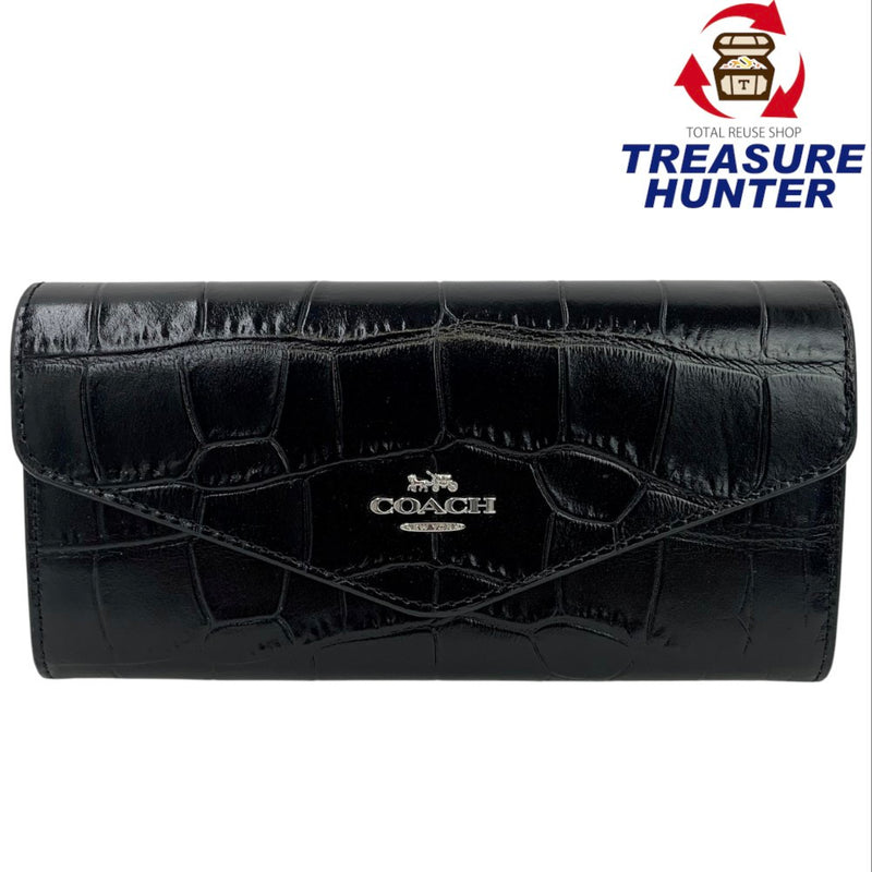 COACH クロコ型押しレザー エンベロープウォレット CU164 シルバー×ブラック フラップ長財布 コーチ 【102060819007】