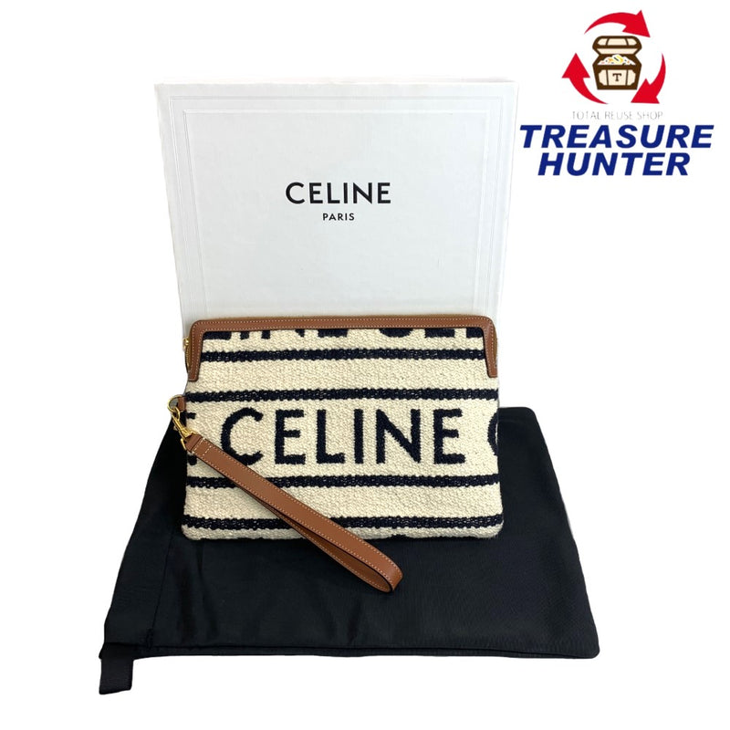 CELINE(セリーヌ) Small Pouch with strap クラッチバッグ ロゴ White/Black カーフスキン/テキスタイル レディース バッグ 【102061004003】