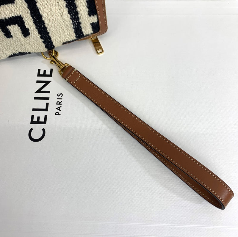 CELINE(セリーヌ) Small Pouch with strap クラッチバッグ ロゴ White/Black カーフスキン/テキスタイル レディース バッグ 【102061004003】