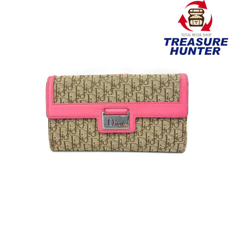 Dior(ディオール) トロッター Wホック長財布  キャンバス×レザー ブラウン×ピンク レディース 【102061383001】