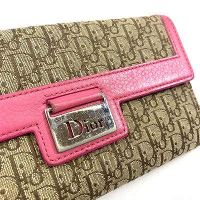 Dior(ディオール) トロッター Wホック長財布  キャンバス×レザー ブラウン×ピンク レディース 【102061383001】