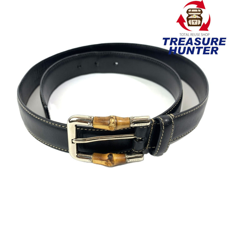 GUCCI(グッチ)　バンブー付きスクエアバックル ベルト 154648・486539 サイズ34 約82-87cm相当 レザー ブラック シルバー金具  【102061508003】