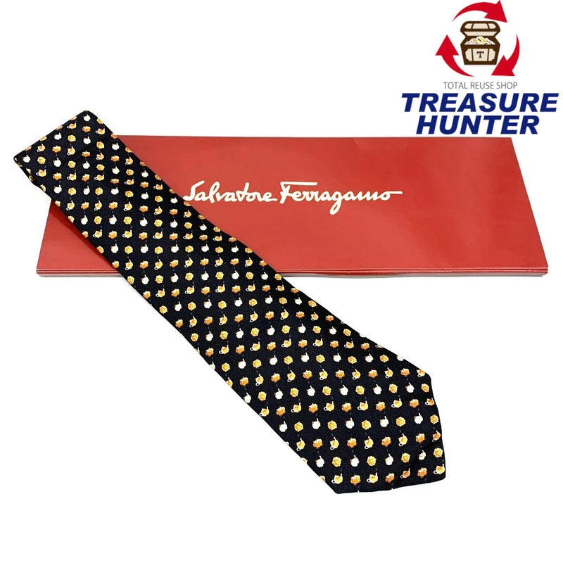 Salvatore Ferragamo ネクタイ　ティーポット柄　シルク100% ブラック　フェラガモ　未使用品 【102061557001】