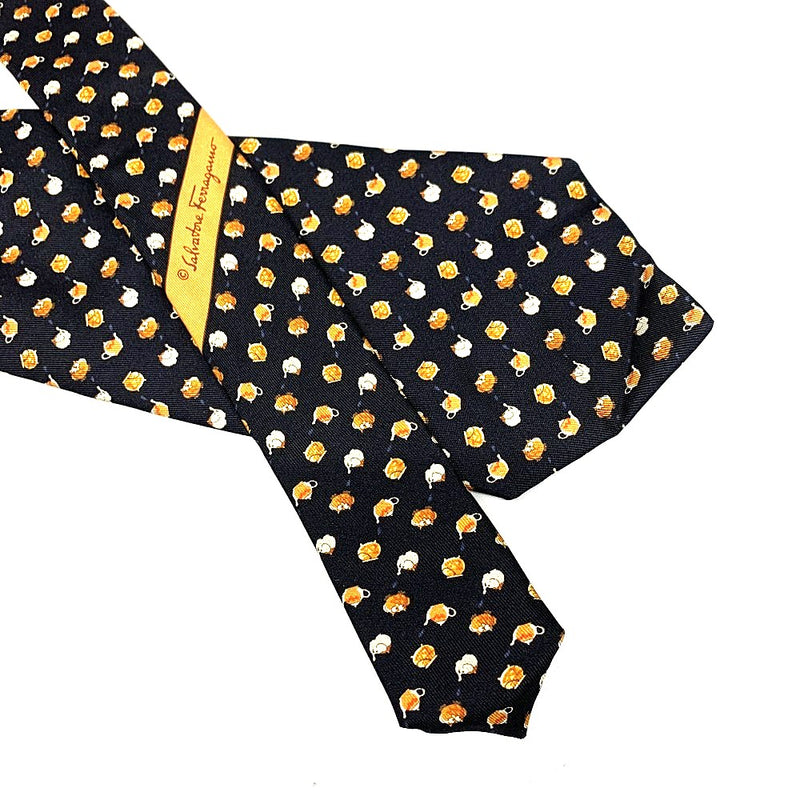 Salvatore Ferragamo ネクタイ　ティーポット柄　シルク100% ブラック　フェラガモ　未使用品 【102061557001】