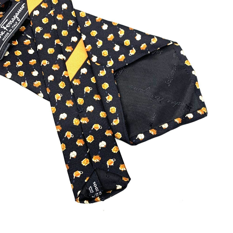 Salvatore Ferragamo ネクタイ　ティーポット柄　シルク100% ブラック　フェラガモ　未使用品 【102061557001】