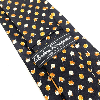 Salvatore Ferragamo ネクタイ　ティーポット柄　シルク100% ブラック　フェラガモ　未使用品 【102061557001】