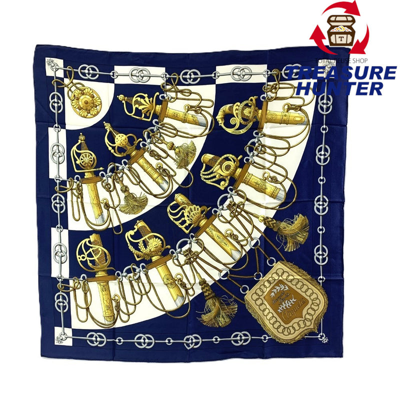 HERMES(エルメス)　スカーフ　カレ90　Cliquetis　シルク100% ブラウン×ネイビー　90×90cm 　カチカチ・剣柄 【102061877001】