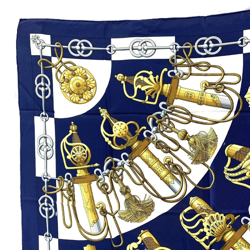 HERMES(エルメス)　スカーフ　カレ90　Cliquetis　シルク100% ブラウン×ネイビー　90×90cm 　カチカチ・剣柄 【102061877001】