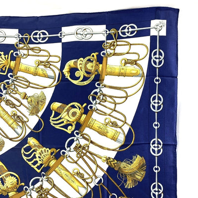 HERMES(エルメス)　スカーフ　カレ90　Cliquetis　シルク100% ブラウン×ネイビー　90×90cm 　カチカチ・剣柄 【102061877001】