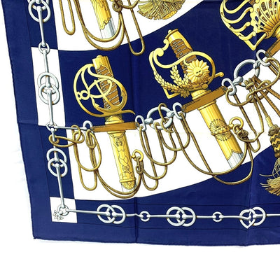 HERMES(エルメス)　スカーフ　カレ90　Cliquetis　シルク100% ブラウン×ネイビー　90×90cm 　カチカチ・剣柄 【102061877001】