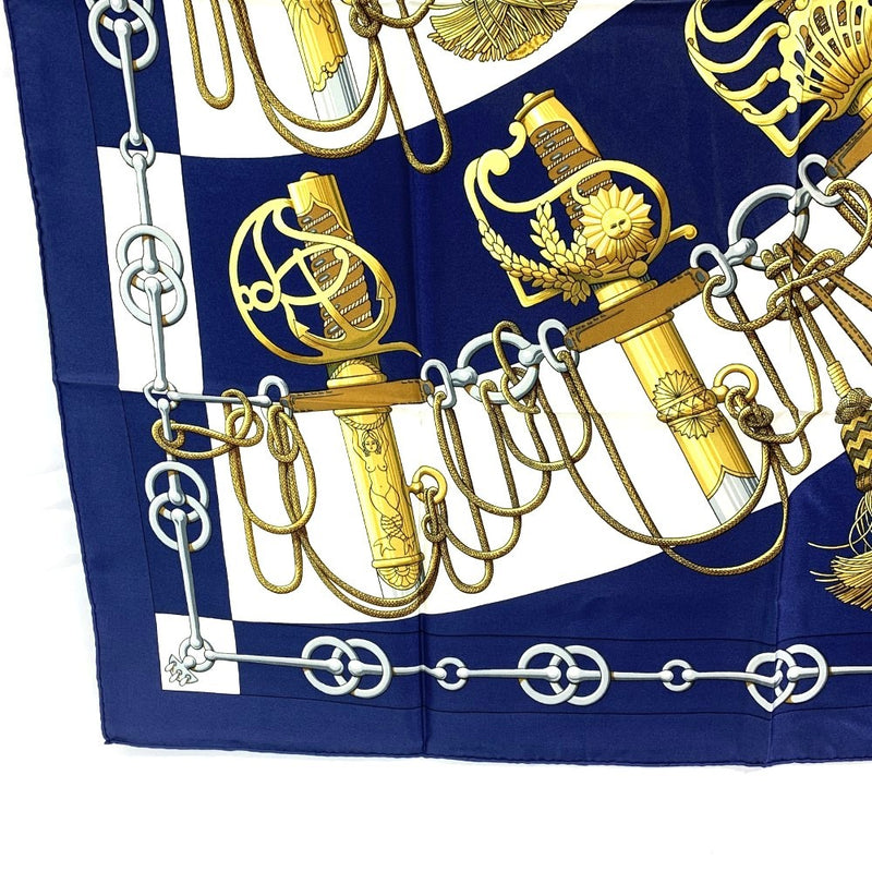 HERMES(エルメス)　スカーフ　カレ90　Cliquetis　シルク100% ブラウン×ネイビー　90×90cm 　カチカチ・剣柄 【102061877001】