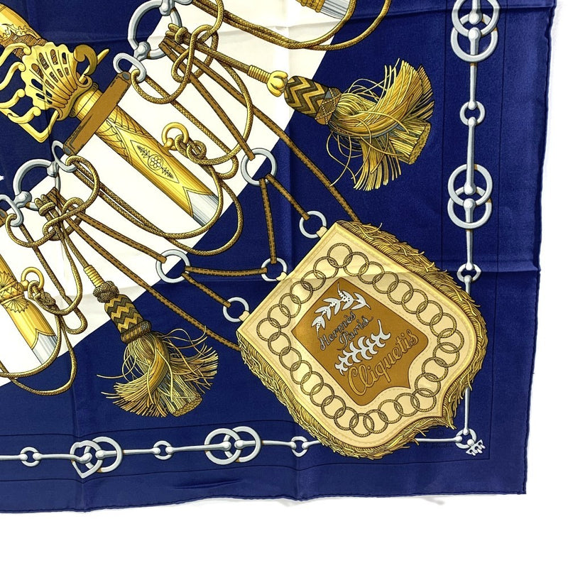 HERMES(エルメス)　スカーフ　カレ90　Cliquetis　シルク100% ブラウン×ネイビー　90×90cm 　カチカチ・剣柄 【102061877001】