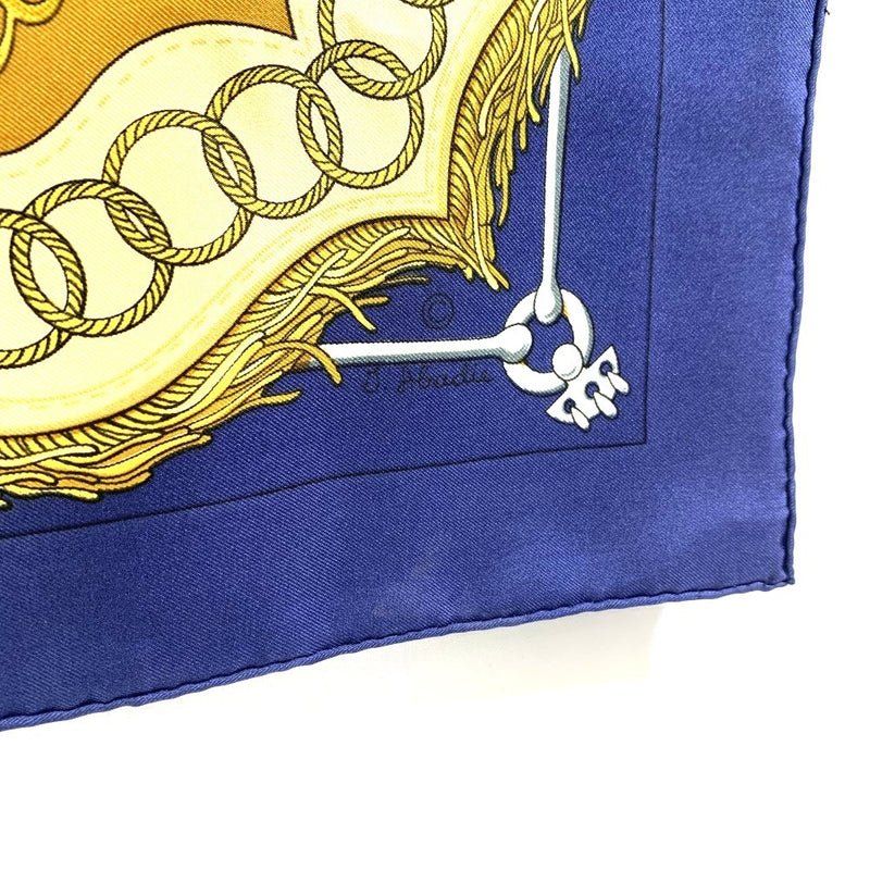 HERMES(エルメス)　スカーフ　カレ90　Cliquetis　シルク100% ブラウン×ネイビー　90×90cm 　カチカチ・剣柄 【102061877001】