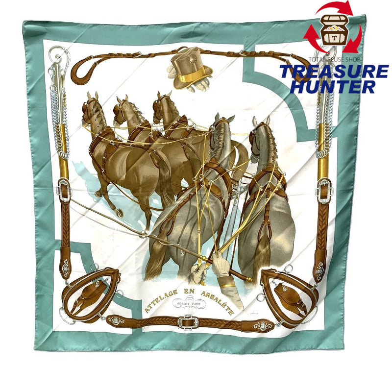 HERMES(エルメス)　カレ90　ATTELAGE EN ARBALETE　スカーフ　シルク100％　ブラウン×ホワイト×グリーン　馬車弓形連結柄 【102061878001】