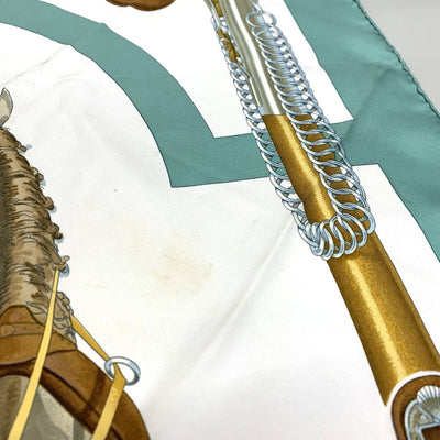 HERMES(エルメス)　カレ90　ATTELAGE EN ARBALETE　スカーフ　シルク100％　ブラウン×ホワイト×グリーン　馬車弓形連結柄 【102061878001】