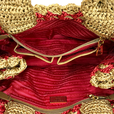 PRADA ラフィアクロケット カナパ ミディアムトート BN2303 ベージュ×レッド プラダ 【102062122007】