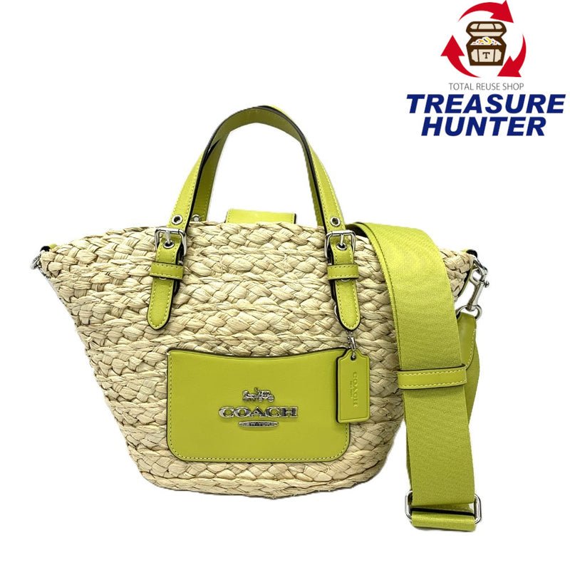 COACH(コーチ) ストロー スモール トートバッグCJ519 ストロー×スムースレザー グリーン マグネット開閉 レディーズ バッグ 【102062372001】