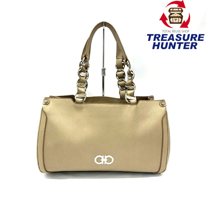 Salvatore Ferragamo フェラガモ Wガンチーニ ヴァラ チェーン ハンドバッグ レザー ベージュ レディース バッグ 【102062490003】