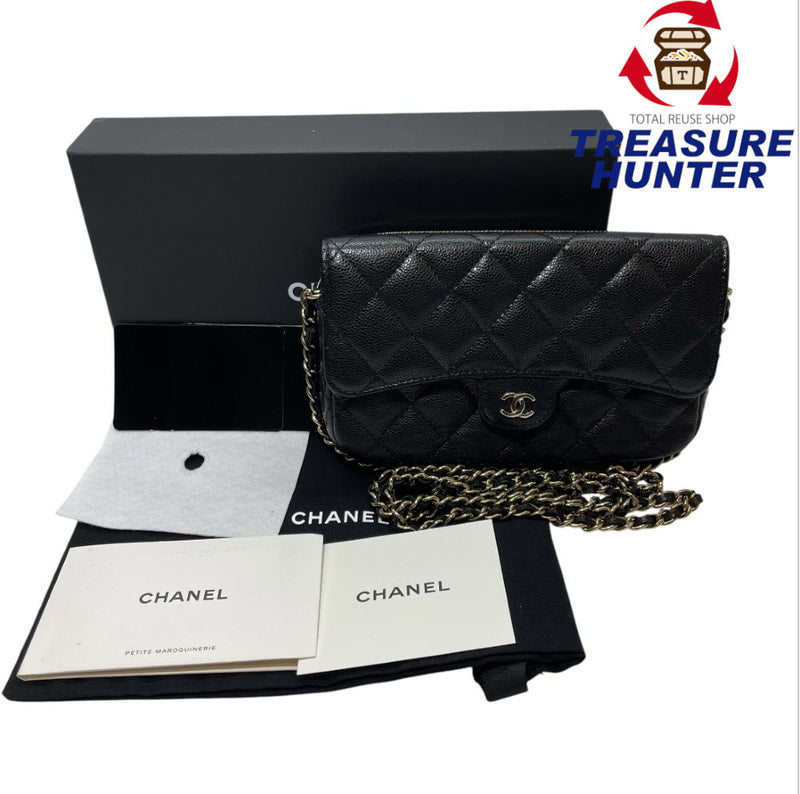 シャネル マトラッセ チェーンウォレット キャビアスキン ブラック/ゴールド金具 AP2096 チェーンショルダー スマホ CHANEL 【240001001714】