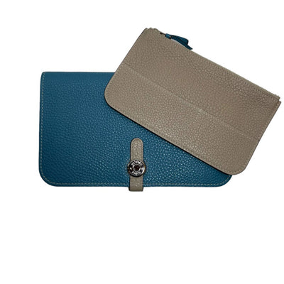 エルメス ドゴンGM バイカラー ブルー/グレーコインケース付き 二つ折り財布 メンズ レディース HERMES DOGON M刻 【240001016267】